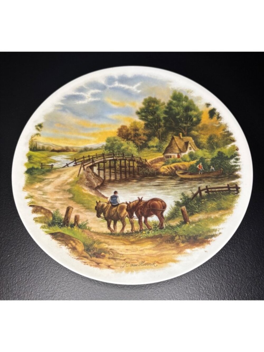 Johannes Cornelis JC Van Hunnik Vintage Plate Country River Horses Cottage